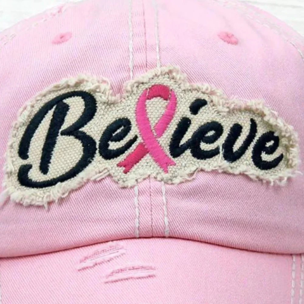 KBETHOS Pink Believe‎ Breast Cancer Ribbon Distressed Baseball Cap Hat NWT